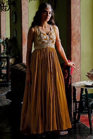 Sepia Brown Modal Silk Cutdana Embellished Flared Gown by ANANTI