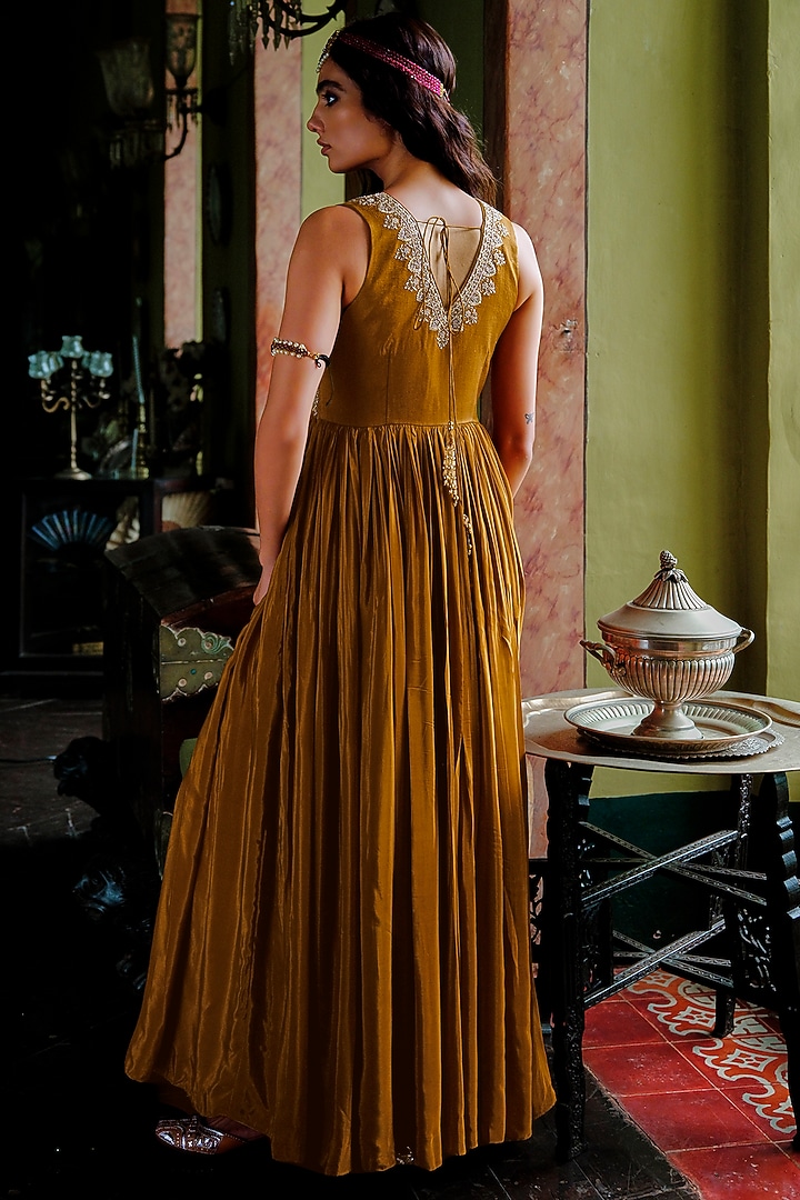 Sepia Brown Modal Silk Cutdana Embellished Flared Engagement Gown by ANANTI at Pernia's Pop Up Shop