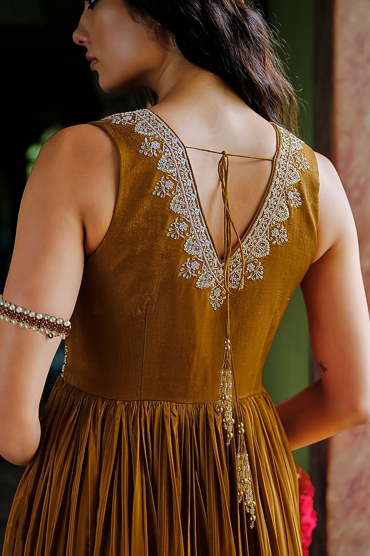 Sepia Brown Modal Silk Cutdana Embellished Flared Engagement Gown by ANANTI at Pernia's Pop Up Shop