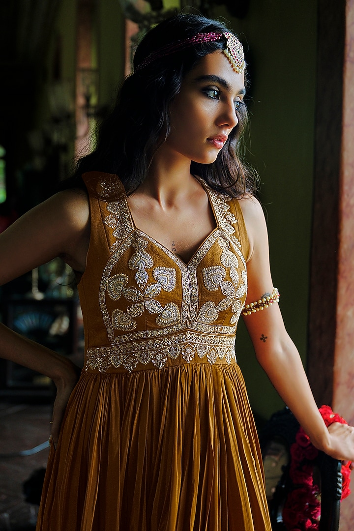 Sepia Brown Modal Silk Cutdana Embellished Flared Engagement Gown by ANANTI at Pernia's Pop Up Shop