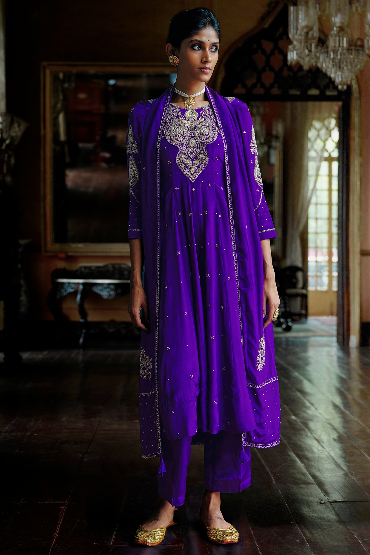 ANANTI Indigo Purple Natural Crepe Hand Embroidered Asymmetrical Anarkali Set