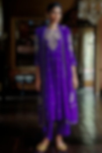 Indigo Purple Natural Crepe Hand Embroidered Asymmetrical Wedding Anarkali Set by ANANTI at Pernia's Pop Up Shop