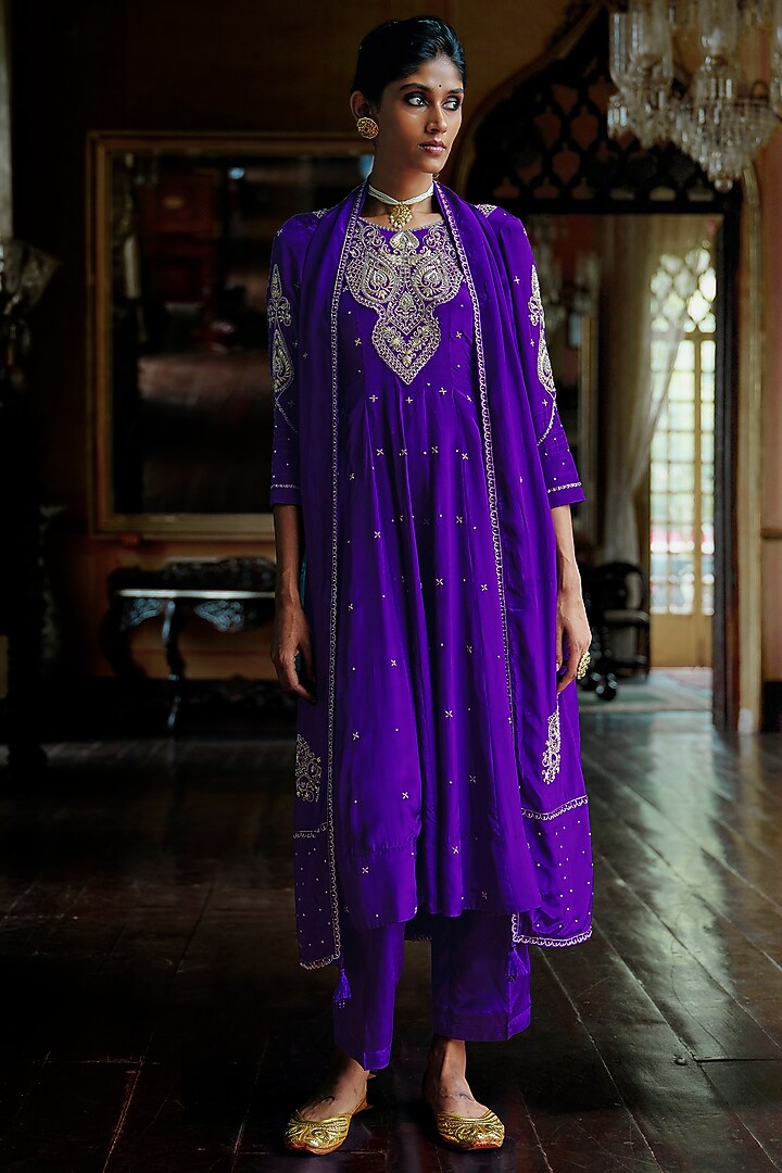 Indigo Purple Natural Crepe Hand Embroidered Asymmetrical Wedding Anarkali Set by ANANTI at Pernia's Pop Up Shop