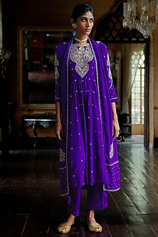 Indigo Purple Natural Crepe Hand Embroidered Asymmetrical Anarkali Set by ANANTI