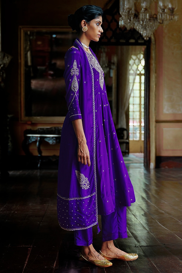 Indigo Purple Natural Crepe Hand Embroidered Asymmetrical Wedding Anarkali Set by ANANTI at Pernia's Pop Up Shop