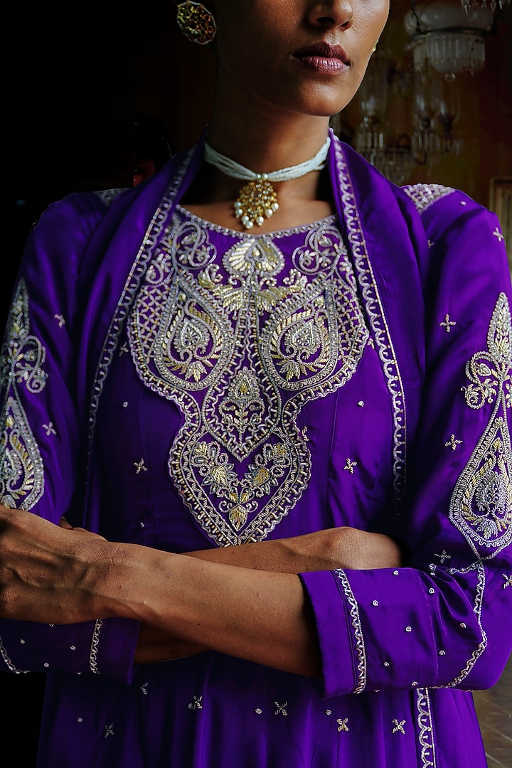 Indigo Purple Natural Crepe Hand Embroidered Asymmetrical Wedding Anarkali Set by ANANTI at Pernia's Pop Up Shop