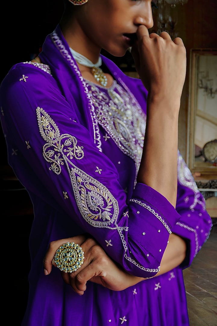 Indigo Purple Natural Crepe Hand Embroidered Asymmetrical Wedding Anarkali Set by ANANTI at Pernia's Pop Up Shop