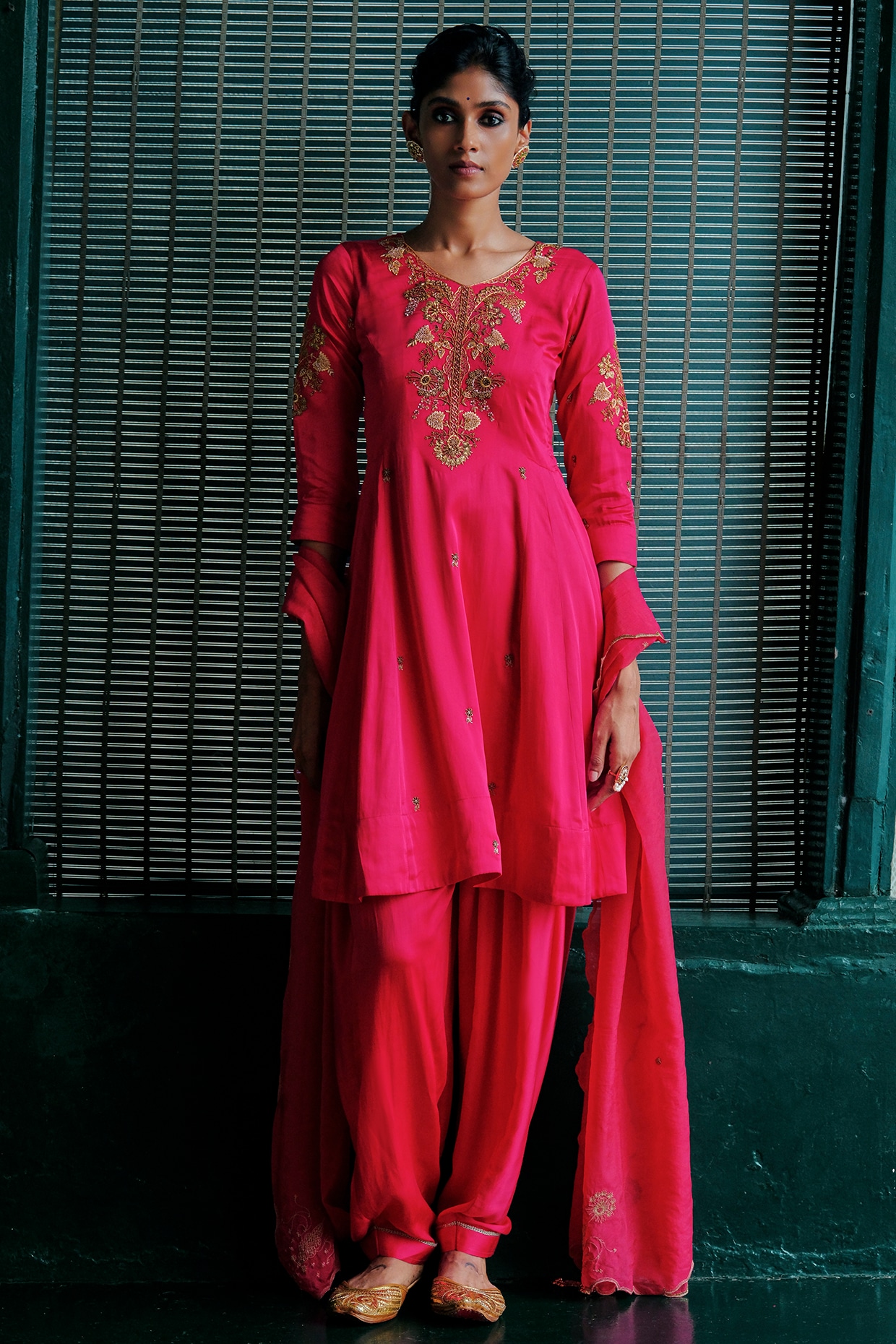 ANANTI Bright Pink Modal Silk Hand Embellished Pleated Kurta Set