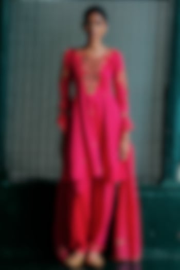 Bright Pink Modal Silk Hand Embellished Pleated Kurta Set by ANANTI at Pernia's Pop Up Shop