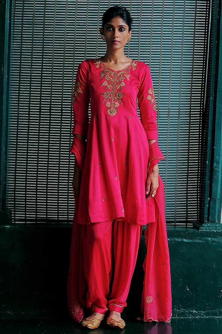Bright Pink Modal Silk Hand Embellished Pleated Kurta Set by ANANTI at Pernia's Pop Up Shop