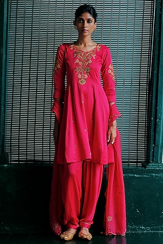 Bright Pink Modal Silk Hand Embellished Pleated Kurta Set by ANANTI