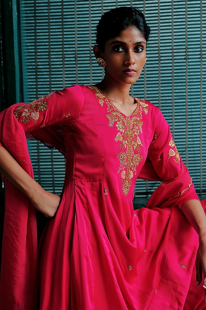 Bright Pink Modal Silk Hand Embellished Pleated Kurta Set by ANANTI at Pernia's Pop Up Shop