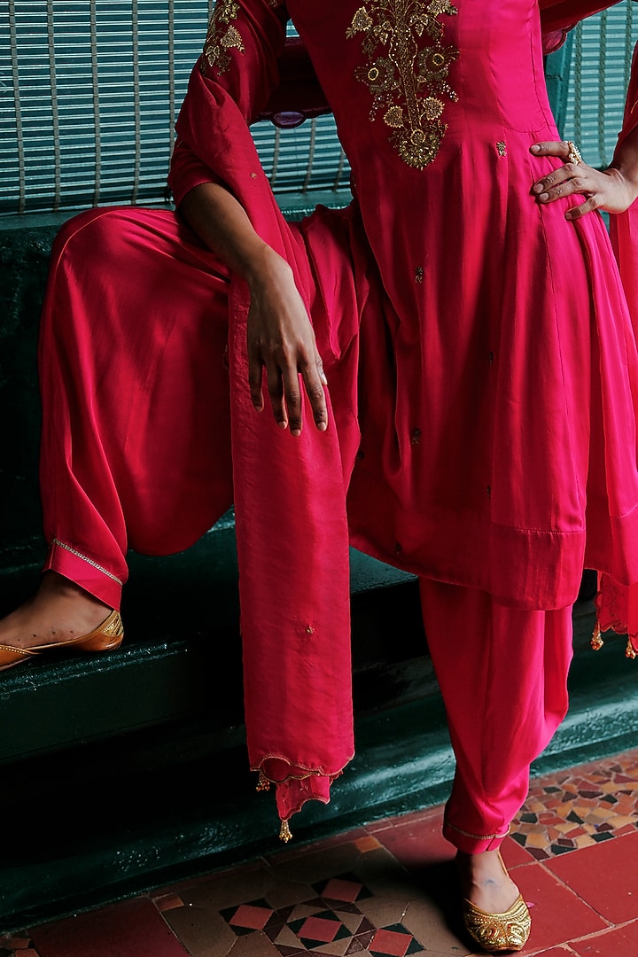 Bright Pink Modal Silk Hand Embellished Pleated Kurta Set by ANANTI at Pernia's Pop Up Shop