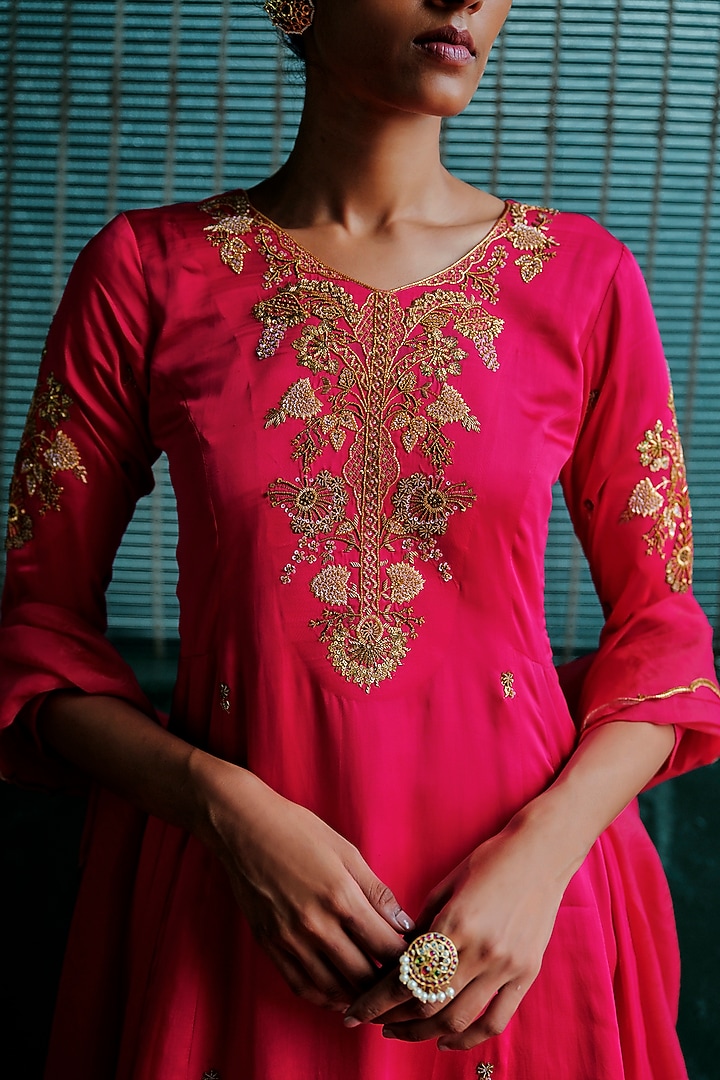 Bright Pink Modal Silk Hand Embellished Pleated Kurta Set by ANANTI at Pernia's Pop Up Shop