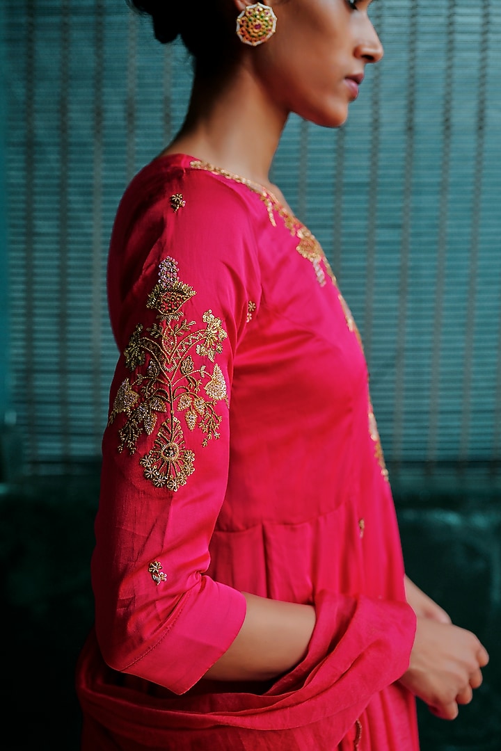 Bright Pink Modal Silk Hand Embellished Pleated Kurta Set by ANANTI at Pernia's Pop Up Shop
