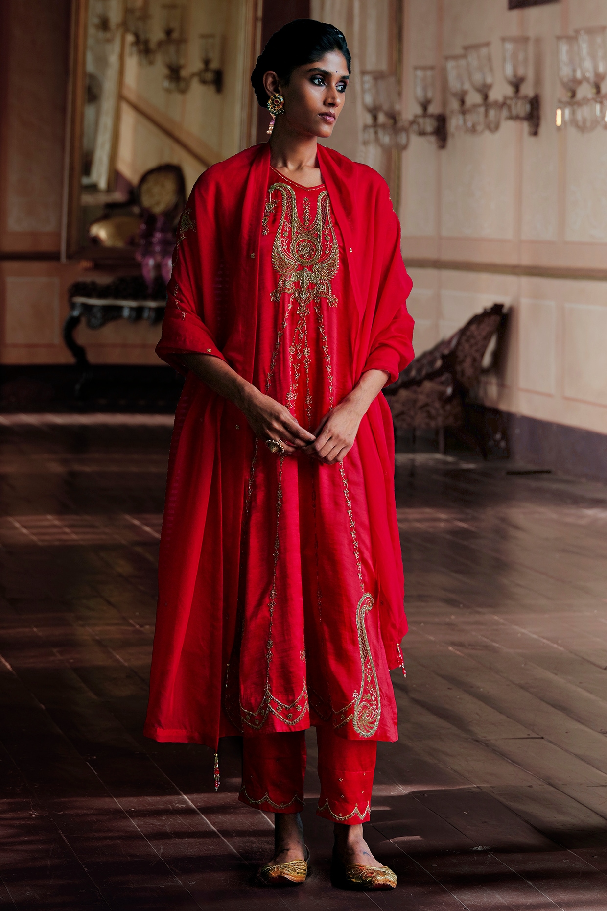 ANANTI Coral Red Slub Satin Cutwork Embellished Kurta Set