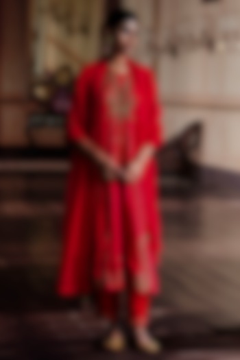 Coral Red Slub Satin Cutwork Embellished Kurta Set by ANANTI at Pernia's Pop Up Shop