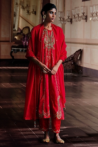 Coral Red Slub Satin Cutwork Embellished Kurta Set by ANANTI