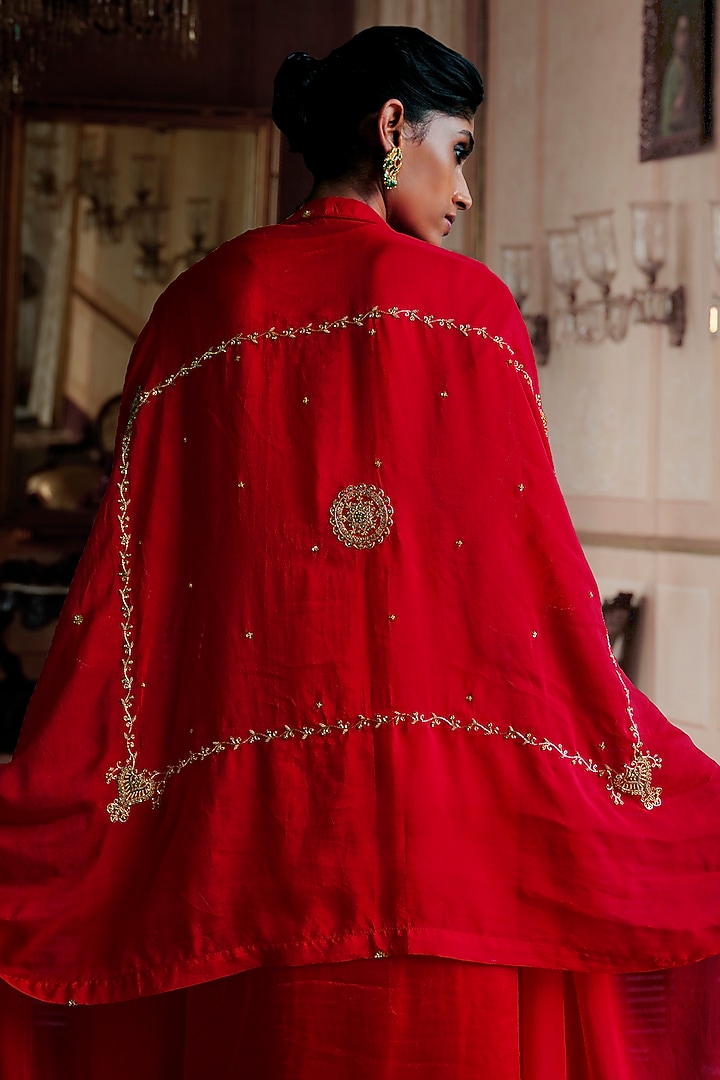 Coral Red Slub Satin Cutwork Embellished Kurta Set by ANANTI at Pernia's Pop Up Shop