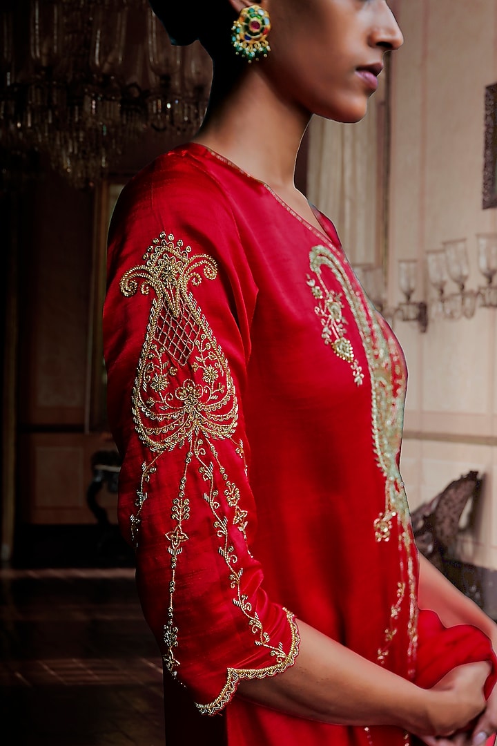 Coral Red Slub Satin Cutwork Embellished Kurta Set by ANANTI at Pernia's Pop Up Shop
