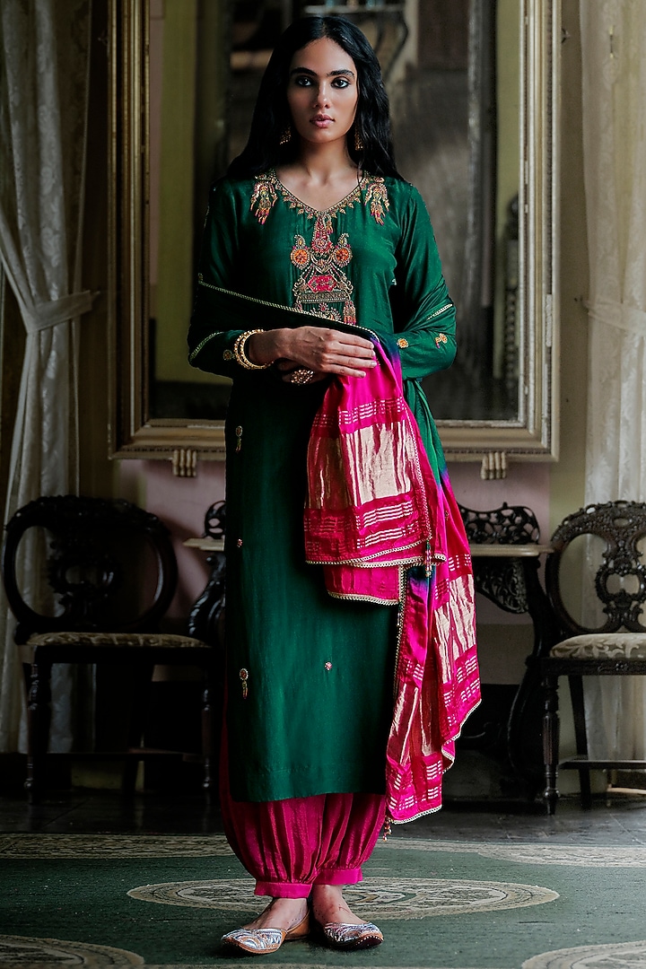 Hunter Green Modal Silk Embroidered Kurta Set by ANANTI at Pernia's Pop Up Shop