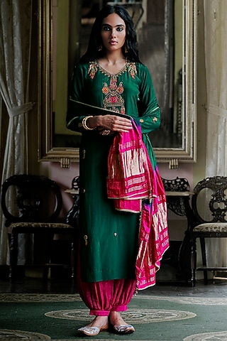 Hunter Green Modal Silk Embroidered Kurta Set by ANANTI
