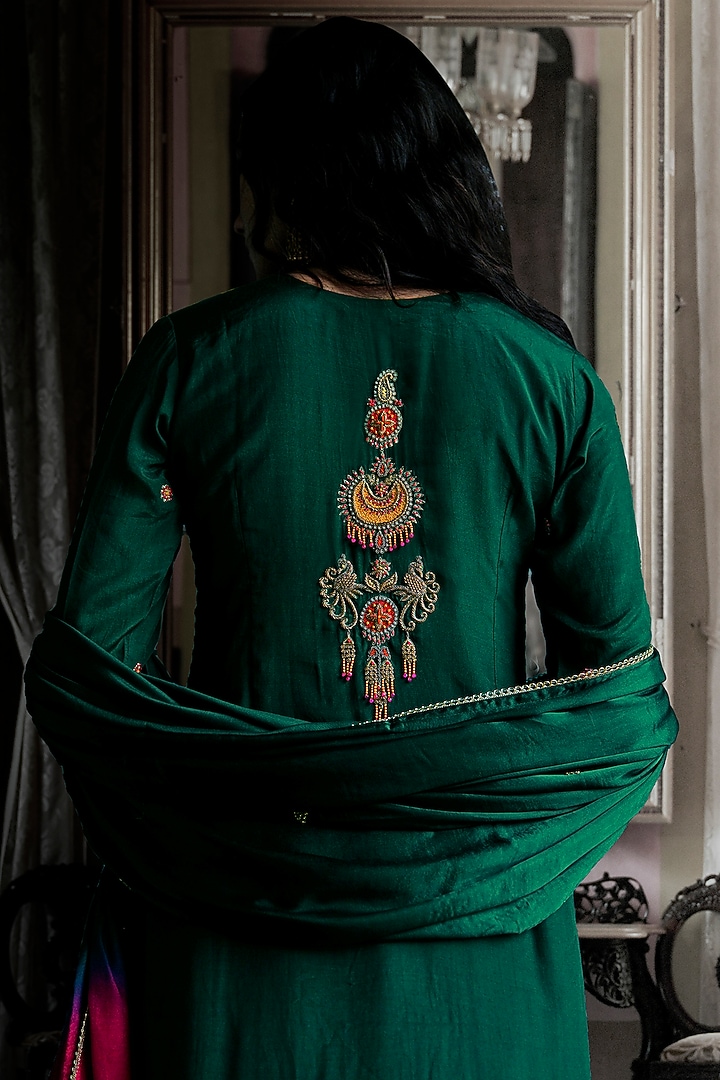 Hunter Green Modal Silk Embroidered Kurta Set by ANANTI at Pernia's Pop Up Shop