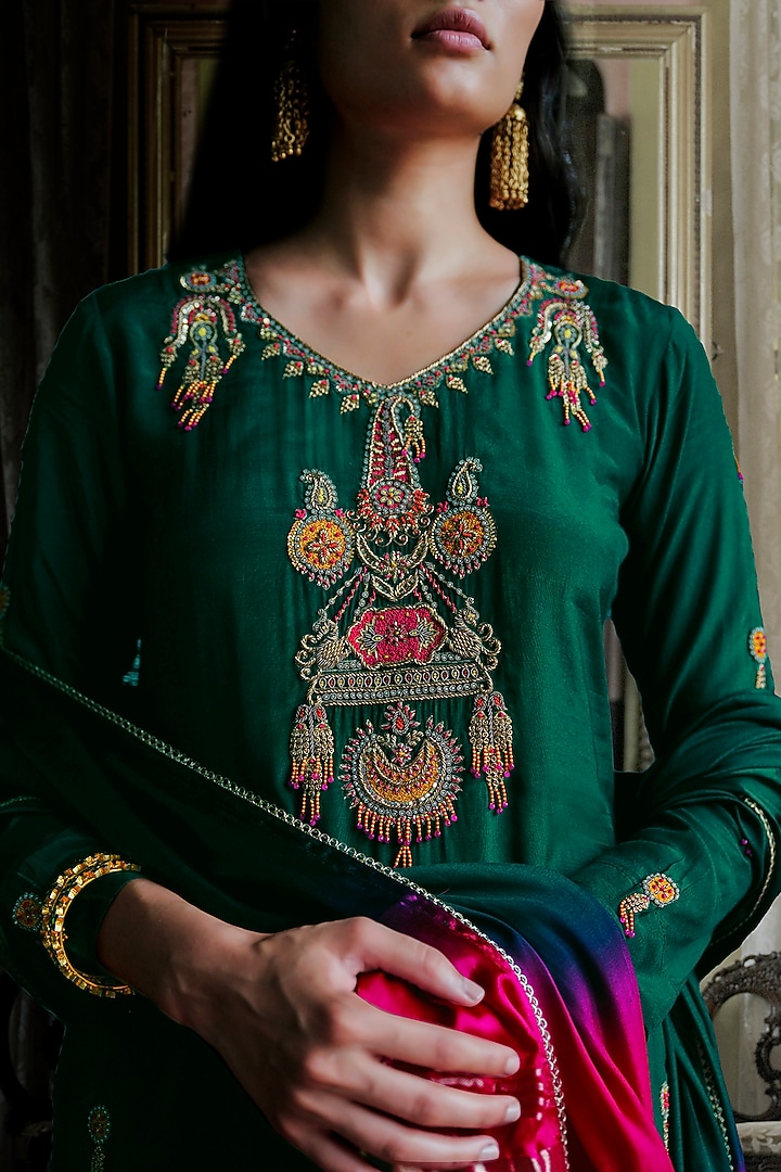Hunter Green Modal Silk Embroidered Kurta Set by ANANTI at Pernia's Pop Up Shop