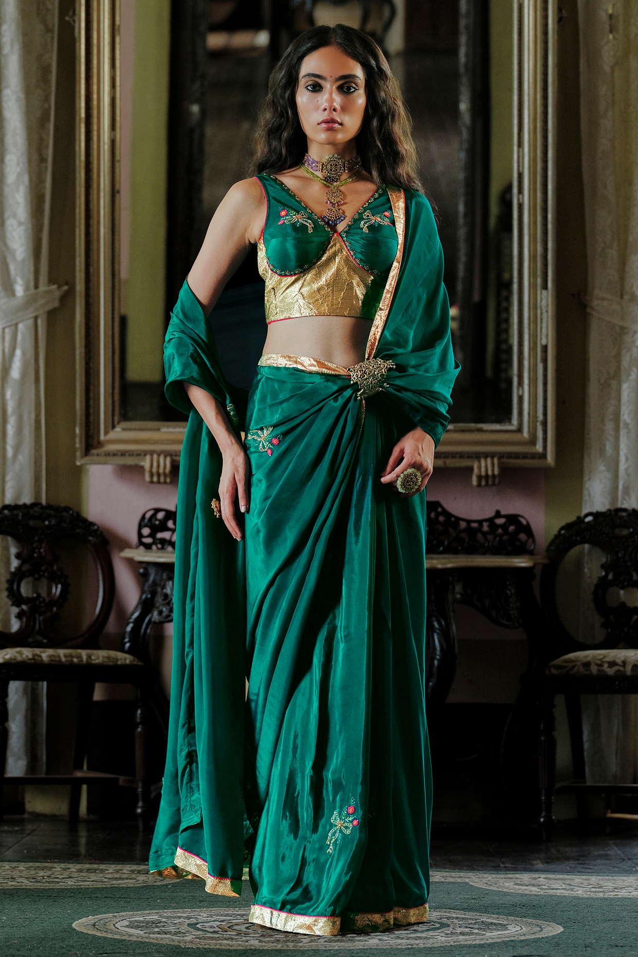 ANANTI Teal Green Glass Organza Silk Gota Work Saree Set
