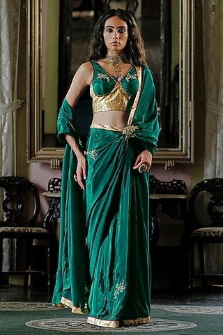 Teal Green Glass Organza Silk Gota Work Saree Set by ANANTI