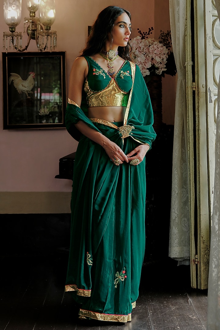 Teal Green Glass Organza Silk Gota Work Wedding Saree Set by ANANTI at Pernia's Pop Up Shop