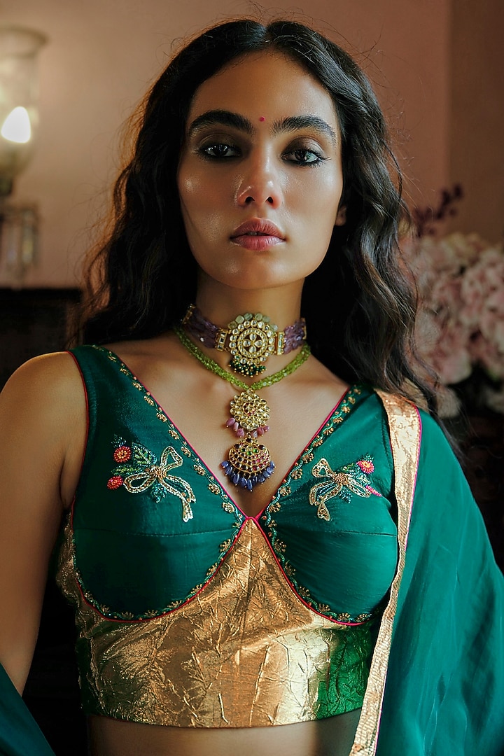 Teal Green Glass Organza Silk Gota Work Wedding Saree Set by ANANTI at Pernia's Pop Up Shop