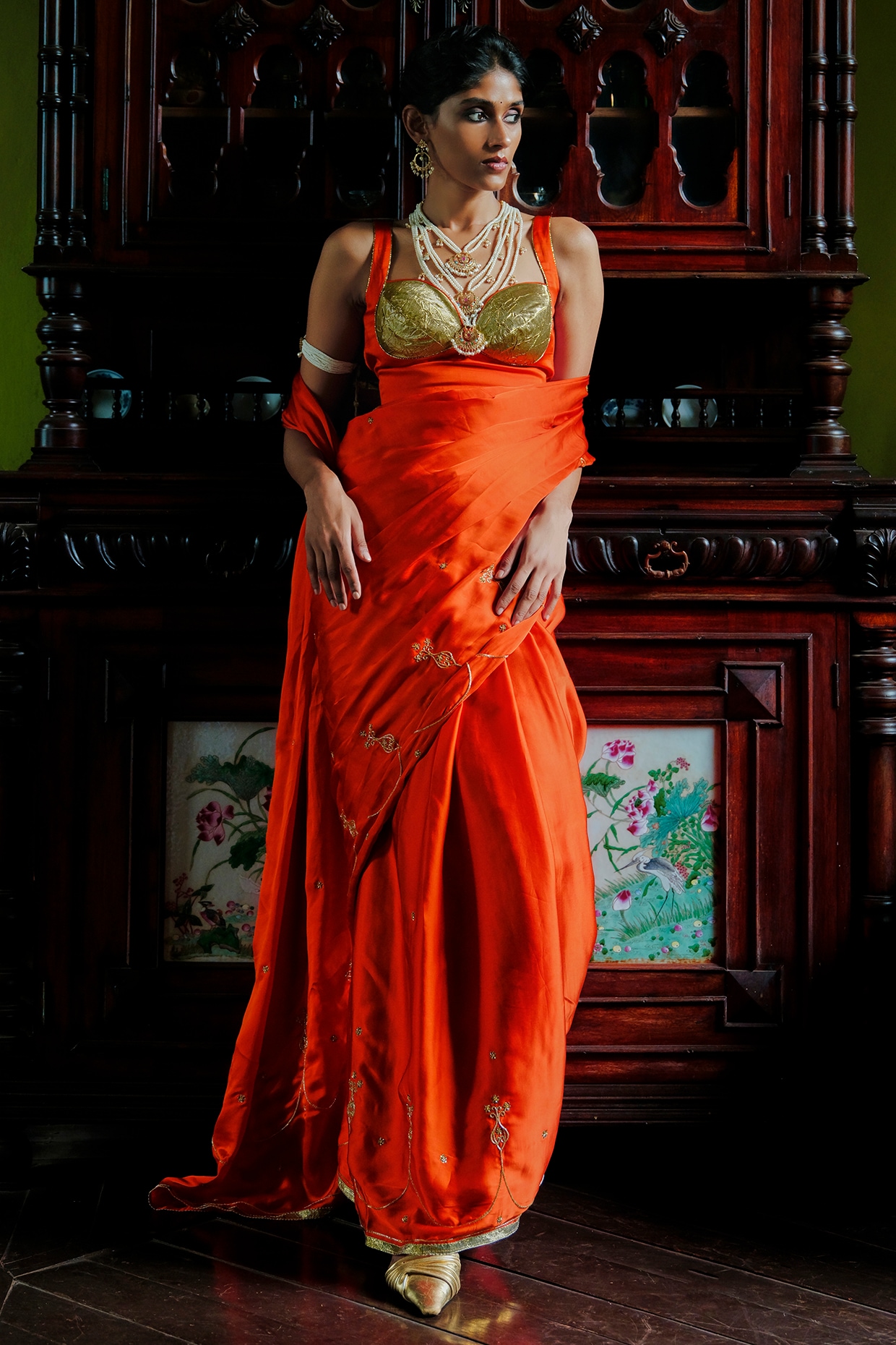 ANANTI Bright Orange Bemberg Satin Gota Embellished Saree Set
