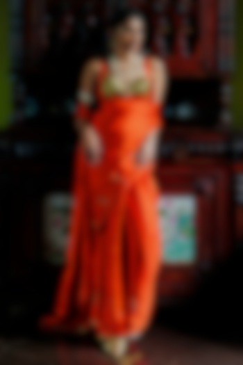 Bright Orange Bemberg Satin Gota Embellished Wedding Saree Set by ANANTI at Pernia's Pop Up Shop