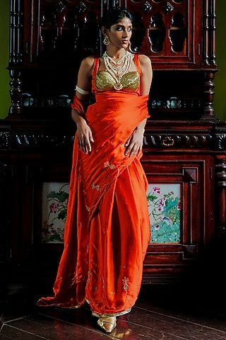 Bright Orange Bemberg Satin Gota Embellished Saree Set by ANANTI