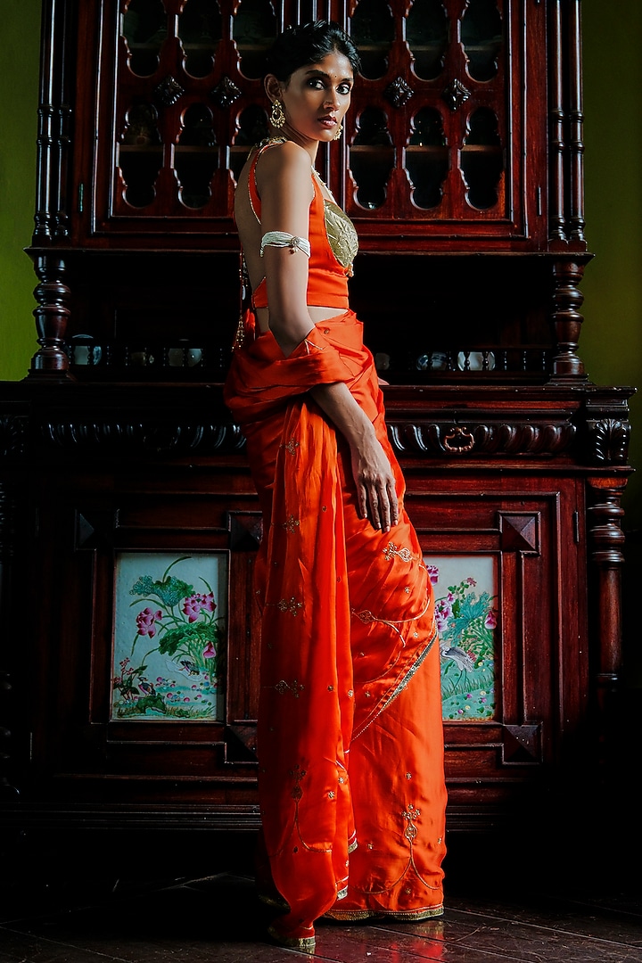 Bright Orange Bemberg Satin Gota Embellished Wedding Saree Set by ANANTI at Pernia's Pop Up Shop