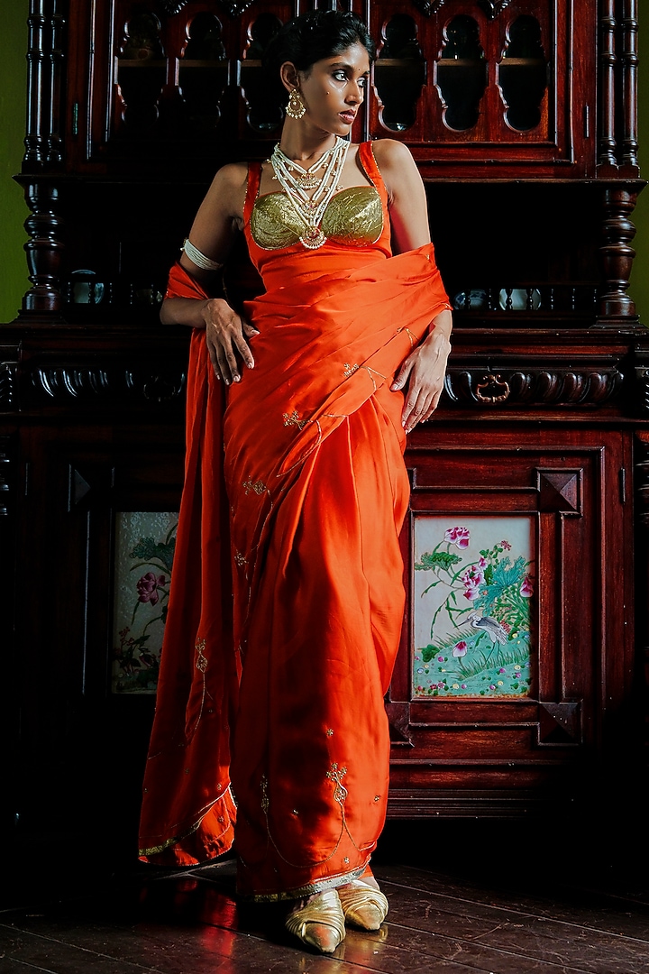 Bright Orange Bemberg Satin Gota Embellished Wedding Saree Set by ANANTI at Pernia's Pop Up Shop
