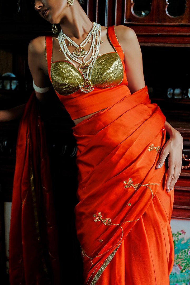 Bright Orange Bemberg Satin Gota Embellished Wedding Saree Set by ANANTI at Pernia's Pop Up Shop