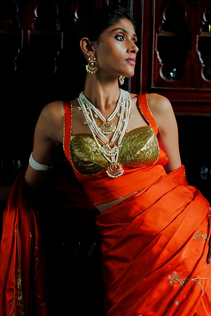 Bright Orange Bemberg Satin Gota Embellished Wedding Saree Set by ANANTI at Pernia's Pop Up Shop