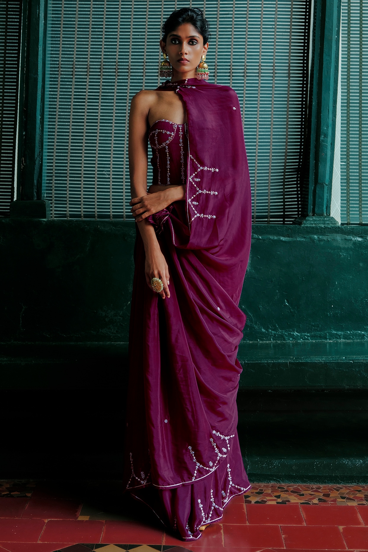 ANANTI Plum Purple Natural Crepe Zardozi Embroidered Saree Set