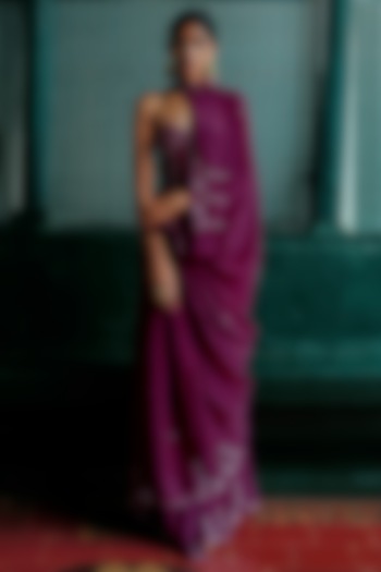 Plum Purple Natural Crepe Zardozi Embroidered Wedding Saree Set by ANANTI at Pernia's Pop Up Shop