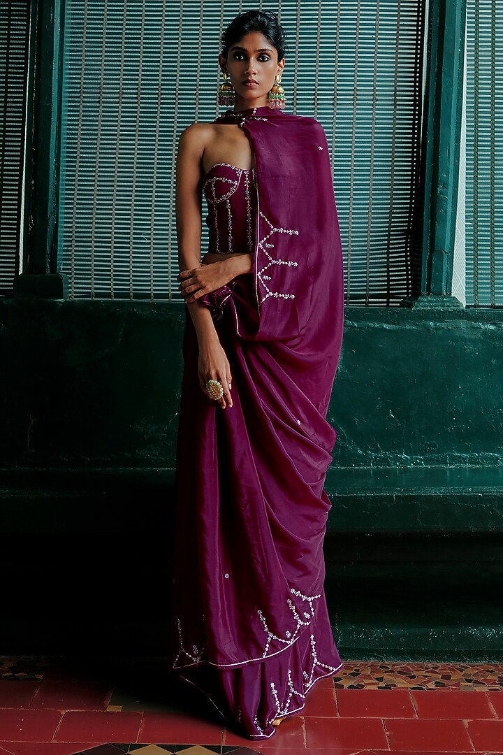 Plum Purple Natural Crepe Zardozi Embroidered Wedding Saree Set by ANANTI at Pernia's Pop Up Shop