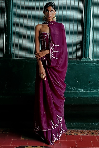 Plum Purple Natural Crepe Zardozi Embroidered Saree Set by ANANTI