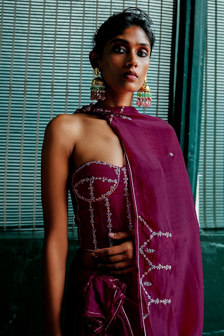 Plum Purple Natural Crepe Zardozi Embroidered Wedding Saree Set by ANANTI at Pernia's Pop Up Shop