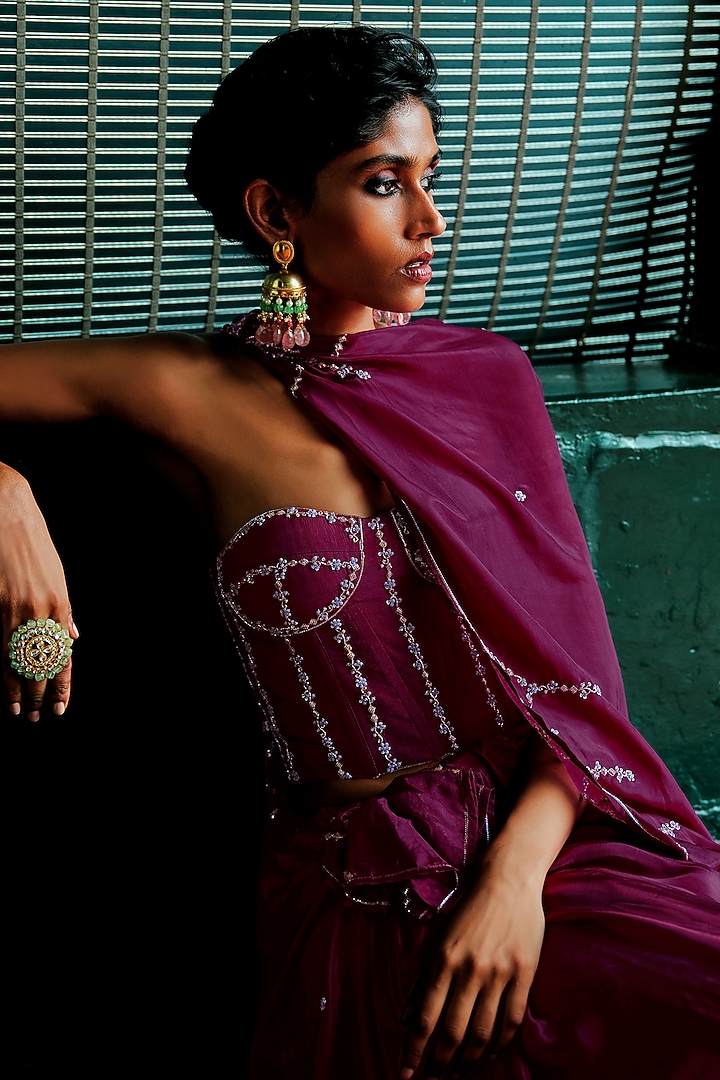 Plum Purple Natural Crepe Zardozi Embroidered Wedding Saree Set by ANANTI at Pernia's Pop Up Shop