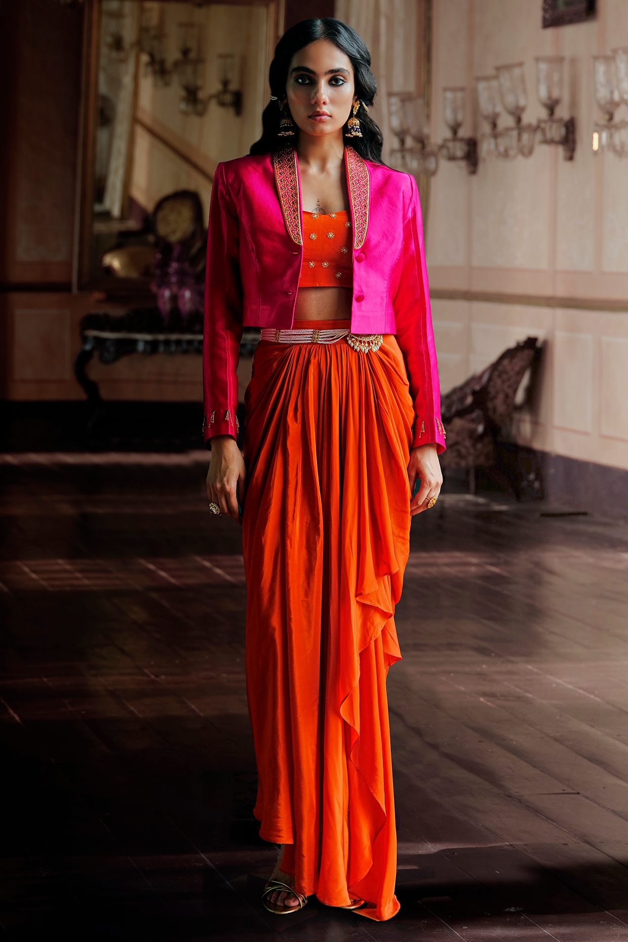ANANTI Fuchsia Pink & Orange Gaji Silk Aari Embroidered Jacket Set