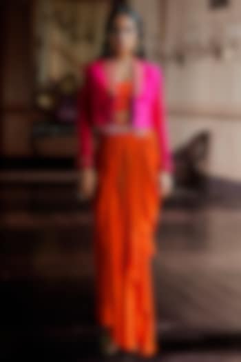 Fuchsia Pink & Orange Gaji Silk Aari Embroidered Jacket Set by ANANTI at Pernia's Pop Up Shop