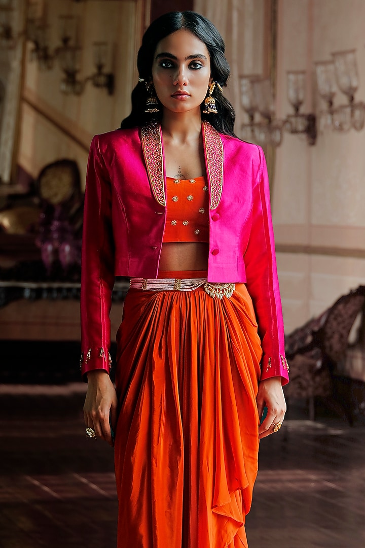 Fuchsia Pink & Orange Gaji Silk Aari Embroidered Jacket Set by ANANTI at Pernia's Pop Up Shop