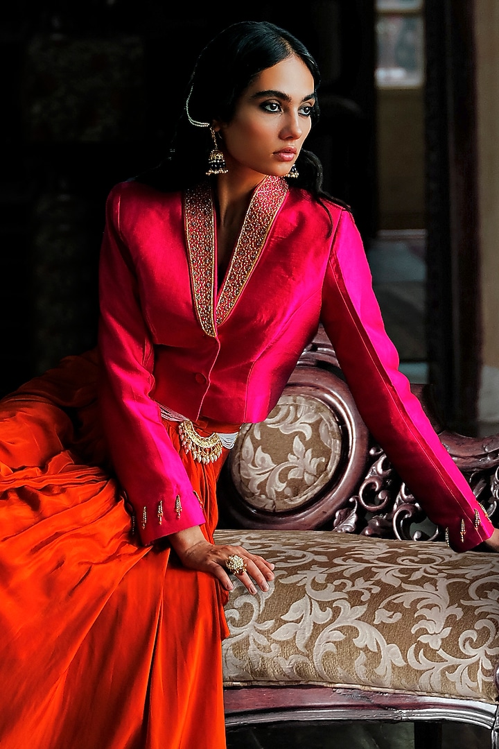 Fuchsia Pink & Orange Gaji Silk Aari Embroidered Jacket Set by ANANTI at Pernia's Pop Up Shop