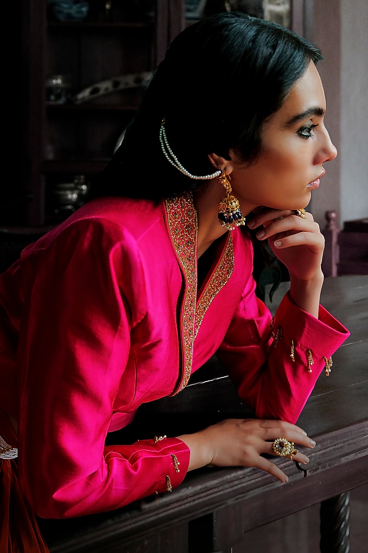 Fuchsia Pink & Orange Gaji Silk Aari Embroidered Jacket Set by ANANTI at Pernia's Pop Up Shop